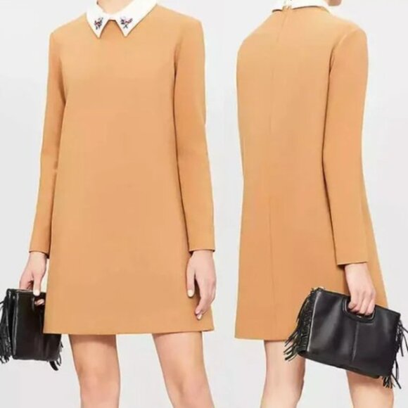 Maje Ragone Embellished Collar Twill Mini Dress in Camel Dragonfly Jewel - Picture 2 of 9